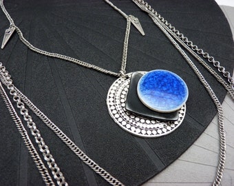PACORINGO multi-chain silver necklace with indigo blue ceramic pendant: last piece!