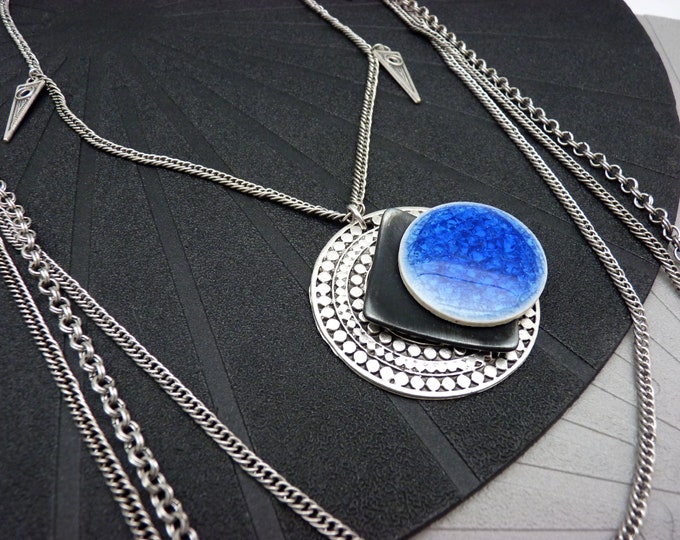 PACORINGO multi-chain silver necklace with indigo blue ceramic pendant: last piece!