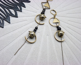 Asymmetrical Bronze Earrings with Lava Stones | DREAMY | Clip-on Option - KUMKA