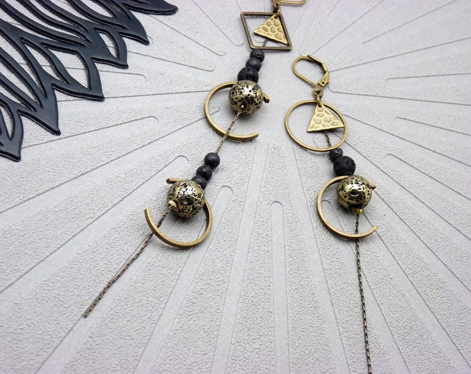 Featured listing image: Asymmetrical Bronze Earrings with Lava Stones | DREAMY | Clip-on Option