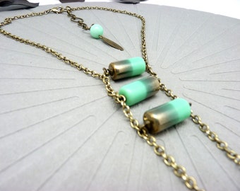Long necklace, necklace necklace 3 cylinders in light turquoise glass and bronze, aged vintage gold chain, graphic, minimal TRIGLASS