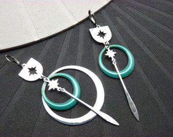 SATURNELLE enameled duck silver star hoop earrings, asymmetrical or not, your choice, clip option