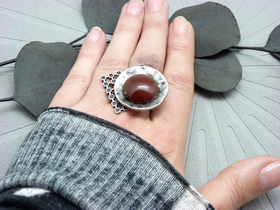 Anillo de plata envejecida con piedra agata roja burdeos grafico QUADRI ajustable Etsy Espana