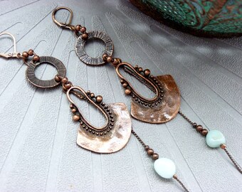 Copper earrings soft blue stone Ethnic Amazonite KALIMBA option clips