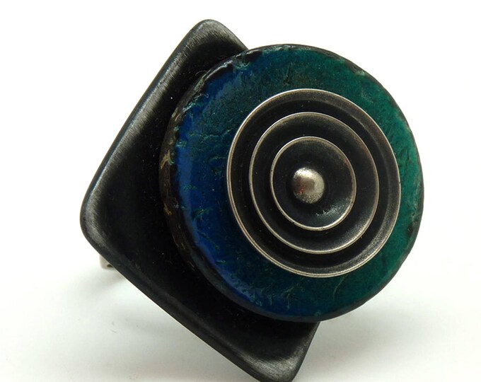 Graphic ring in duck blue wood, metal and metallic resin, adjustable, SPECIALE K Best seller