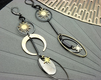Poetic Asymmetrical Moon and Star Earrings in Gunmetal and Gold LUNASTAR Clip-on option
