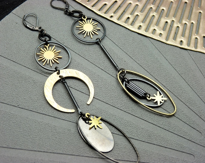 Poetic Asymmetrical Moon and Star Earrings in Gunmetal and Gold LUNASTAR Clip-on option