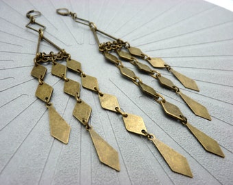 Very long bronze metal diamond earrings, MELDARIKA graphics, clip option