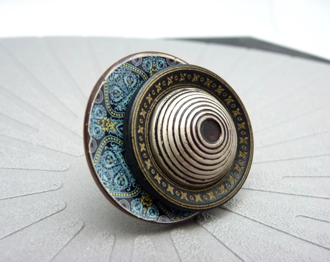 Big wood ring silver blue brown, ethnic, adjustable JAYNA medieval adjustable