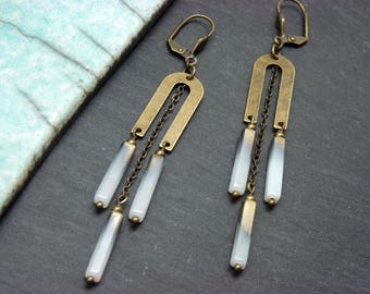 Art Deco bronze and white glass earrings - vintage style - LEMPI clip-on option