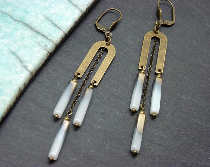 Art Deco bronze and white glass earrings - vintage style - LEMPI clip-on option