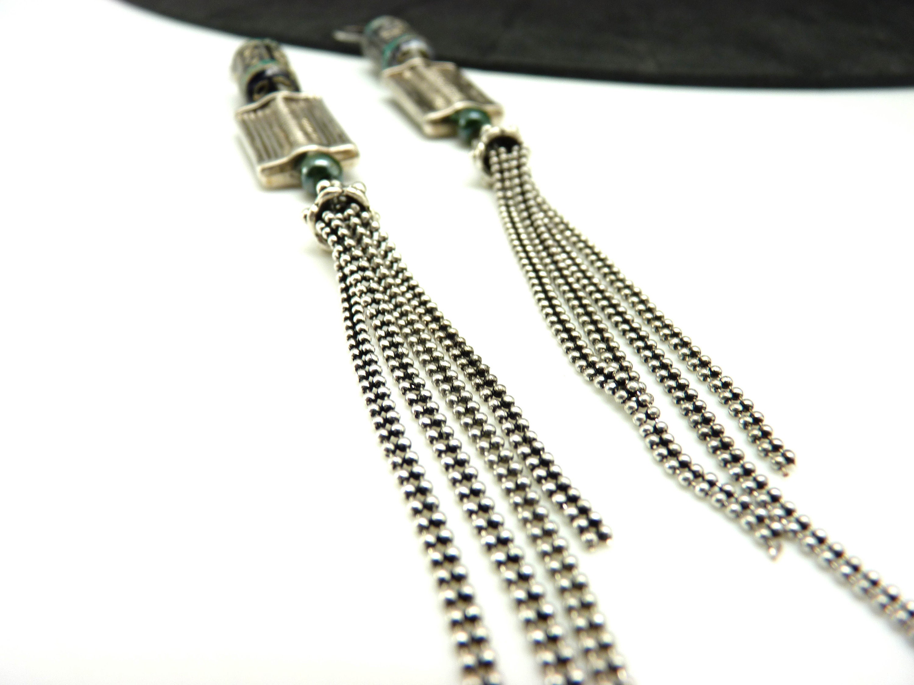 Boucles D'oreilles Longues Pendantes Avec Perles Blanches Et Turquoise - Fermoir Clips - Neuf Sans Emballage