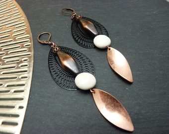 Copper, ecru and black earrings, metal, resin OUJDA clip option