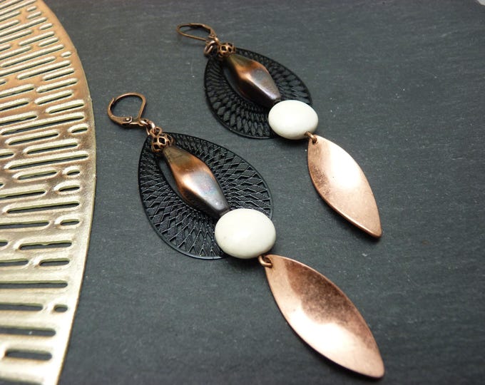 Copper, ecru and black earrings, metal, resin OUJDA clip option