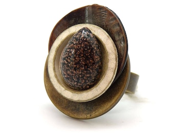 Brown ring in glass and ethnic chic metal TEAR adjustable adjustable