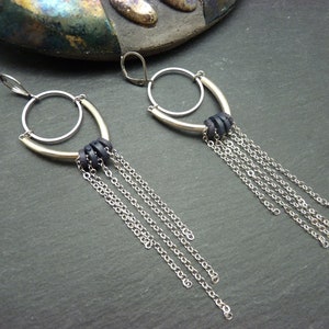 Silver and black aubergine metal earrings and lava beads, aerial ARYA Clips option