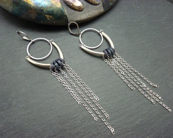Silver and black aubergine metal earrings and lava beads, aerial ARYA Clips option