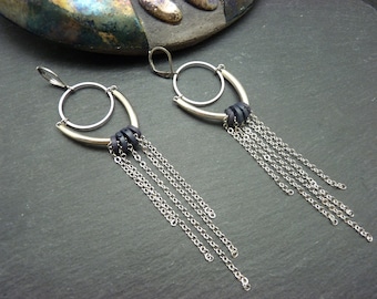 Silver and black aubergine metal and lava stone earrings, aerial ARYA Clips option