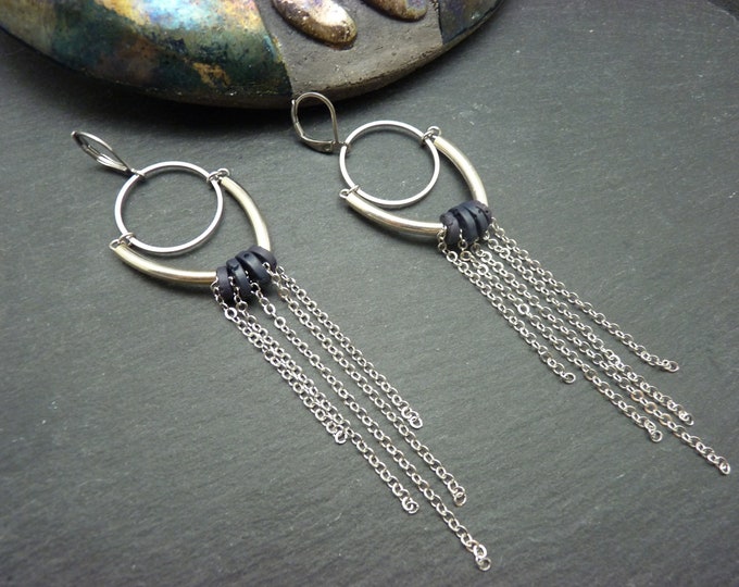 Silver and black aubergine metal and lava stone earrings, aerial ARYA Clips option