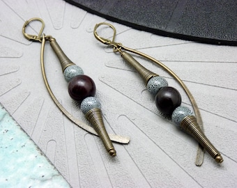 Grey ceramic, wood, bronze earrings - cosmic graphic - ZOUIG - clip-on option