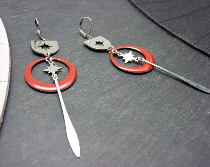 Silver, red, stainless steel, cosmic star earrings - SATURNELLE - clip-on option