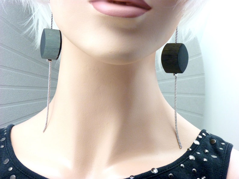 Boucles d'oreilles chaîne argent perle corne 3D vert et noir minimale GLORIAZ option clips image 7