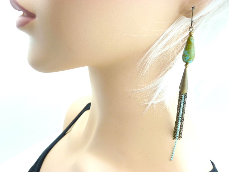Boucles d/'oreilles longues multi-cha\u00eenes bronze verre turquoise LOUCIYA option Clips