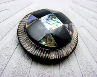 Mother-of-Pearl and Horn Checkerboard Magnetic Brooch | CHESSBOARD | for fastening a vest