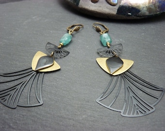 Art Deco earrings with blue-green aquamarine stone, bronze metal and black filigree TAMARA, clip-on or asymmetrical option
