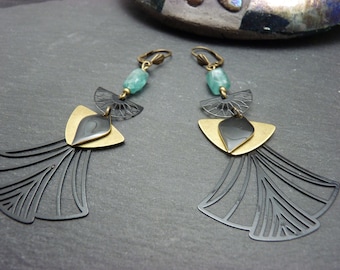 Art deco earrings aquamarine blue green stone, bronze metal and black filigree TAMARA clips option / asymmetrical option