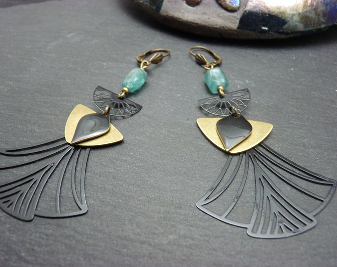 Art Deco earrings with blue-green aquamarine stone, bronze metal and black filigree TAMARA, clip-on or asymmetrical option