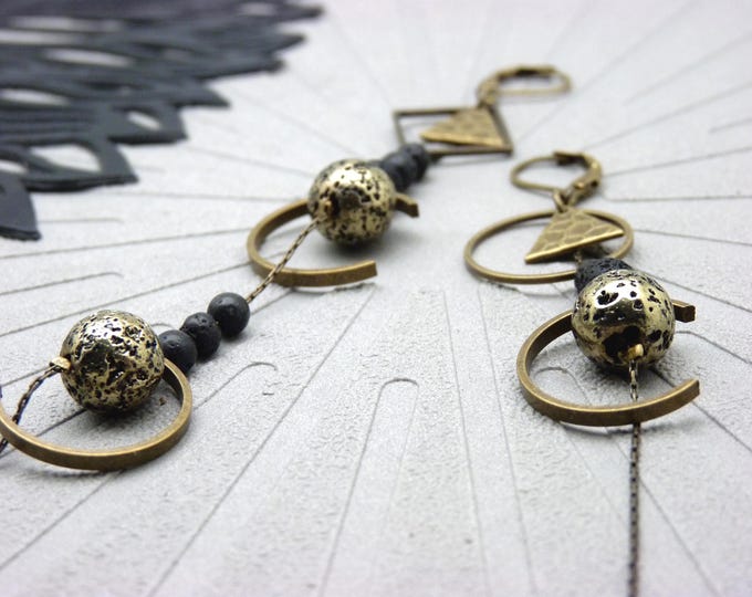 Asymmetrical Bronze Earrings with Lava Stones | DREAMY | Clip-on Option