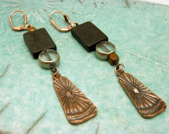 Black wood earrings, glass, copper hematite stone and SUN copper metal pendant Clips option, last piece!