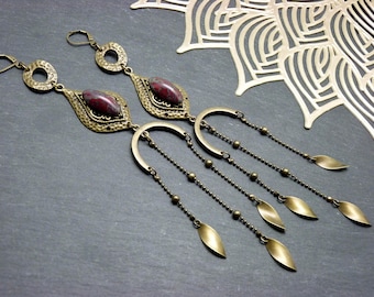 Very long SHEHERAZADE earrings, bronze and burgundy red glass | Boho Queen jewelry, tassels | Clip-on option
