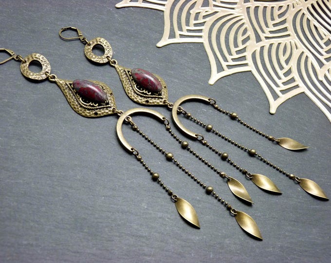 Very long SHEHERAZADE earrings, bronze and burgundy red glass | Boho Queen jewelry, tassels | Clip-on option