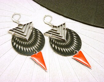 Graphic black and red silver earrings in metal and ASTEL enamel Clips option / last piece!
