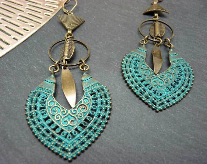 Featured listing image: KALIMA asymmetrical bronze earrings with verdigris oxidized patina, Clip-on option