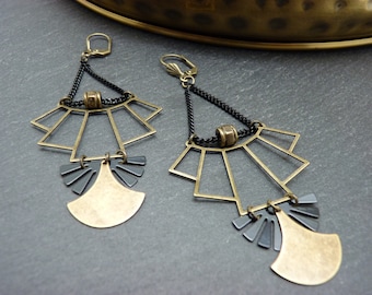 Art Deco bronze and black metal earrings by MUCHA, clip-on option, Best seller!
