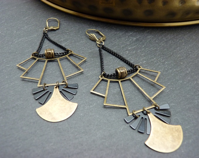 Art Deco bronze and black metal earrings by MUCHA, clip-on option, Best seller!