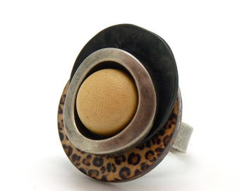 Wooden ring leopard pattern black metal and ethnic resin silver and ecru LEOPARD adjustable adjustable Best seller