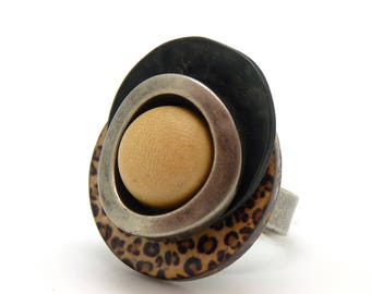 Leopard wood resin metal ring - ethnic - LEOPARD - adjustable - Best seller!