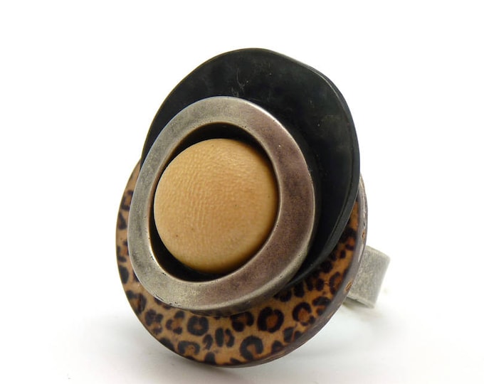 Leopard wood resin metal ring - ethnic - LEOPARD - adjustable - Best seller!