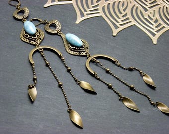 SHEHERAZADE bronze and sky blue glass drop earrings | Boho tribal jewelry, leaf tassels | Clip-on option