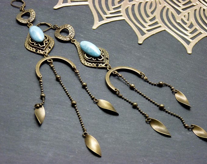 SHEHERAZADE bronze and sky blue glass drop earrings | Boho tribal jewelry, leaf tassels | Clip-on option