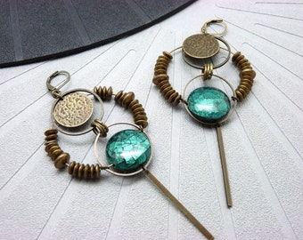 Emerald green ethnic bronze hoop earrings MALIKA Clips option