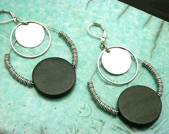 MIMI GALAX round antique silver hoop earrings with black wood, ethnic, minimal graphic, Clip-on option