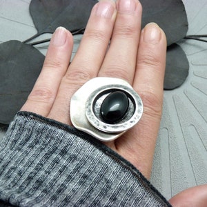 Large black stone Onyx silver ring offset graphic and minimal GRECCA ONYX adjustable adjustable