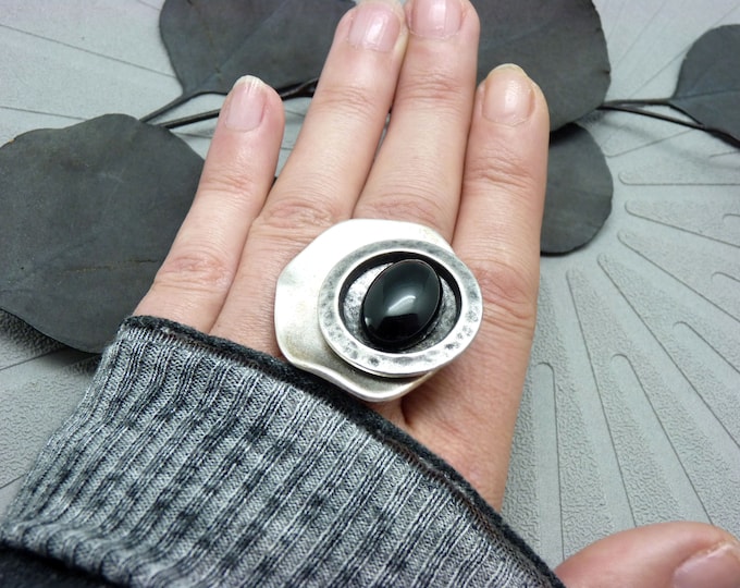 Large silver ring with black Onyx stone offset graphic and minimal GRECCA ONYX adjustable adjustable