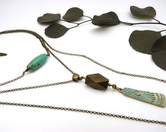 Turquoise stone necklace long multi-chain long necklace bronze blue oxidized pendant and brown wood LEKTRA TURQUOISE