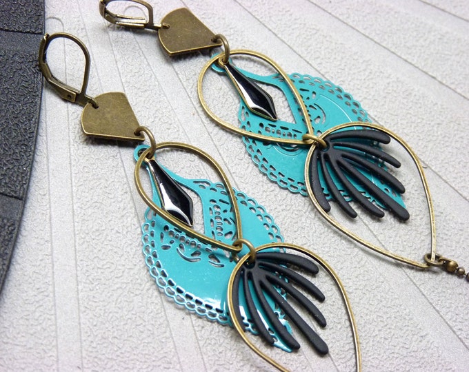 ESTELLIA Long Teal Blue Bohemian Lightweight Clip-on Earrings
